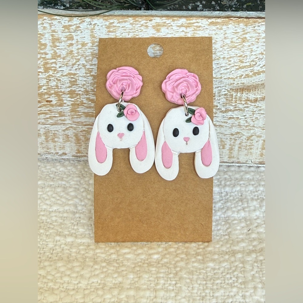 Cute Bunny Earrings with Pink floral posts - Picture 2 of 4